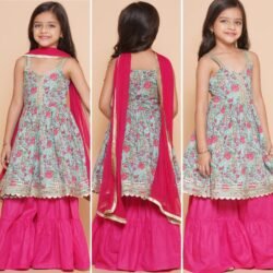 Blue Floral Printed Cotton Kurta With Sharara & Dupatta