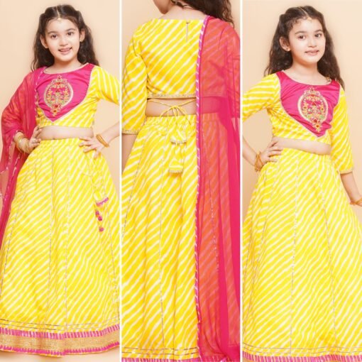 Yellow Leheriya Printed Lehenga & Pink Embroidered Choli with Dupatta