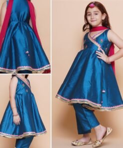 Teal Silk Kids Palazzo Suit with Red Dupatta