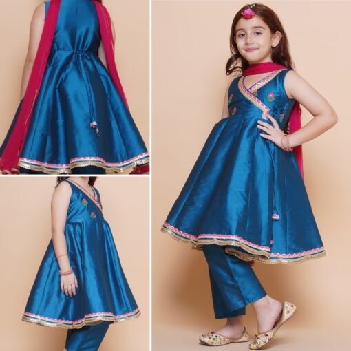Teal Silk Kids Palazzo Suit with Red Dupatta