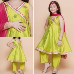 Bright Lemon Embroidered Angrakha Kurta with Trousers set With Dupatta