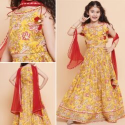 Floral Yellow Mustard Lehenga Kurti set with Red Chunni