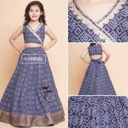 Navy Blue Bandhej & Laced Work Choli With Lehenga