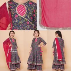 Blue Floral Angrakha Gotta Patti Kurta Sharara set With Dupatta