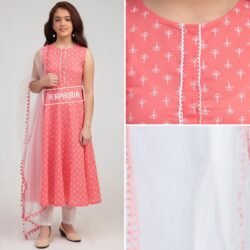 Cotton Blend Sleeveless Fit & Flare Kurti Set with Dupatta - Peach