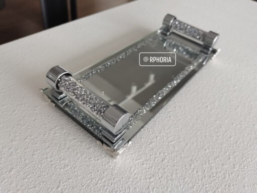 Mirrored Rectangle Tray with Handles & Crushed Diamonds Design